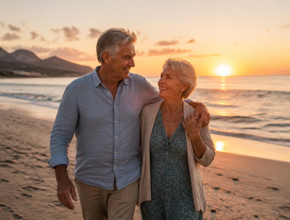 Casal acima de 60 anos caminhando sorrindo na praia